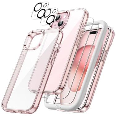 Imagem de JETech Capa 5 em 1 para iPhone 15 6,1 Polegadas com 2 Unidades de Proteção do Ecrã em Vidro Temperado e da Lente da Câmara, Case Capinha para Telemóvel à Prova de Choque que Não Amarelece (Rosa)