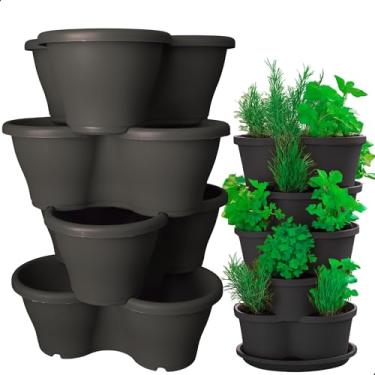 Imagem de Kit 4 Vaso Treviso Preto Empilhável Jardim Vertical 11L Borda Anti Formiga para Plantas Ornamentais, Hortas, Frutas, Temperos, Suculentas e Flores