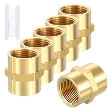 Imagem de Rebower Pacote com 6 adaptadores FeMale para FeMale, 3/10.2 cm FNPT x 3/10.2 cm FNPT Acoplador de Acoplamento de Latão Cabeça Hex Encaixe de Tubo com Fita de Vedação para Industrial, Transferência de