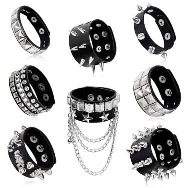 Imagem de LOAYHOAY 8 peças de pulseiras cravejadas para homens e mulheres pulseira preta punk gótico pulseira de couro emo rebite ajustável rock pop anos 80 anos 90 retro botão metal envoltório pulseiras
