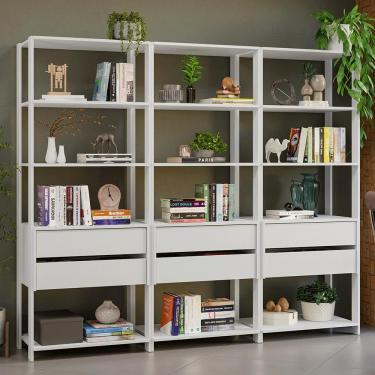 Imagem de Estante Armário Multiuso Para Livros 6 Gavetas 12 Prateleiras 210cm Madesa Branco