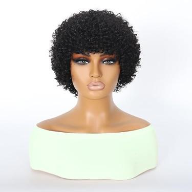 Imagem de Perucas Curtas Curtas para Mulheres Negras Cabelo Humano Afro Kinky Curly Peruca Virgem Brasileira Corte Pixie Peruca de Cabelo Humano com Franja 150% Densidade Nenhuma Peruca de Laço Frontal Bob