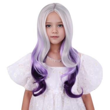 Imagem de Edivd Peruca roxa ombré cinza prateada para crianças, meninas, longa, cinza, ombré, roxa, parte média, peruca infantil, cinza prateado a ondulado, perucas sintéticas resistentes ao calor com touca