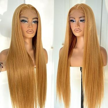 Imagem de MITIMES Peruca frontal de renda loira mel pré-arrancada, loira sem cola, peruca frontal de renda reta 180 densidade longa reta sintética HD peruca frontal 81 cm 27 cores