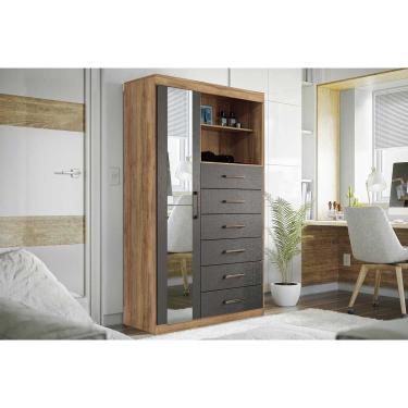 Imagem de Cômoda Solteiro Marabá 1.6 c/ 1 Porta 2 Nichos e 6 Gavetas c/ Espelho Atacama/Grafitte - Santos Andirá