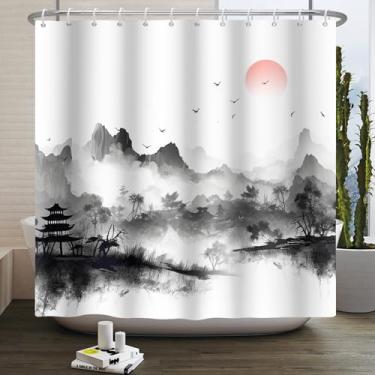 Imagem de Cortina de chuveiro com pintura de tinta chinesa, aquarela, preto, montanha, pavilhão, vermelho, sol, pássaro, árvores, natureza, para banheiro, lavável na máquina, tecido de poliéster impermeável com