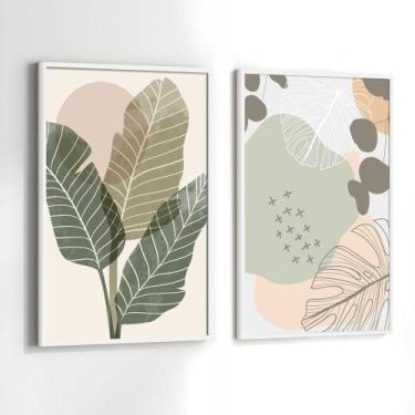 Imagem de Conjunto Quadros Decorativos com Moldura Folhas Clean Verde Rosa Kit 2