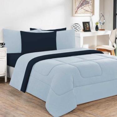 Imagem de Kit Edredom + Jogo De Lençol Malha 100% Algodão 5 Peças Solteiro - Azu