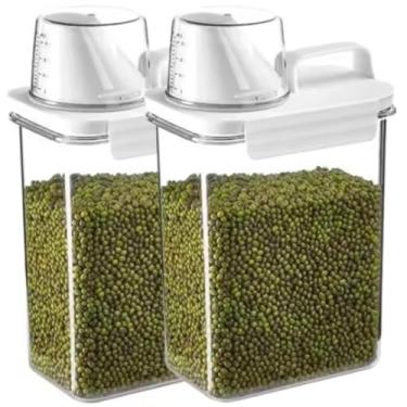 Imagem de Kit 2 Potes Herméticos Transparentes para Grãos, Sabão em Pó e Líquidos Cozinha Lavandeira com Tampa, Trava, Bico e Copo Medidor 0068 (1800 ml)