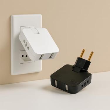 Imagem de Adaptador Tomada Benjamin Articulado Bivolt com Duas Entradas USB, Conecta 4 Dispositivos Simultaneamente, Ideal para Viagens, Compacto e Portátil, Suporte até 10A, Compatível até 220V