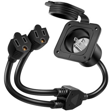 Imagem de BUMBEE Plugue de porta CA de 15 A, soquete de entrada de energia de 125 V com cabo de extensão divisor duplo de 45 cm 14 AWG, plugue de entrada de energia em terra com tampa à prova d'água para