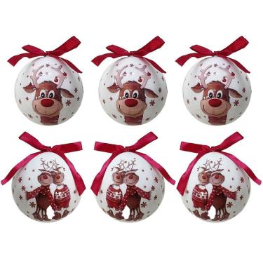 Imagem de Conjunto 6 Bolas de Natal Decorada Branco Laqueado Premium Renas Love Com Laço Vermelho 7,5cm