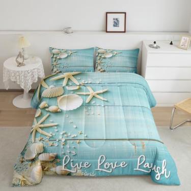 Imagem de Erosebridal Conjunto de edredom solteiro com estrela do mar, concha do mar, concha e concha, animais costeiros, retrô, rústico, casa de fazenda, edredom listrado de madeira azul-petróleo para crianças