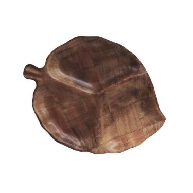 Imagem de Petisqueira Formato Folha C/ 3 Divisórias De Bambu 33x15.5cm