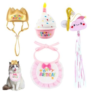 Imagem de Conjunto de festa de aniversário de gato - 4 peças de chapéu de coroa, babador bordado e brinquedo de bolo, fantasia divertida de gatos para celebração de sessão de fotos de aniversário (rosa)