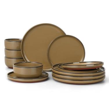 Imagem de E-far Conjuntos de louça de grés para 4, 12 peças de pratos e tigelas de esmalte reativo, pratos elegantes com base de terracota rústica, seguro para lava-louças e micro-ondas, resistente a arranhões