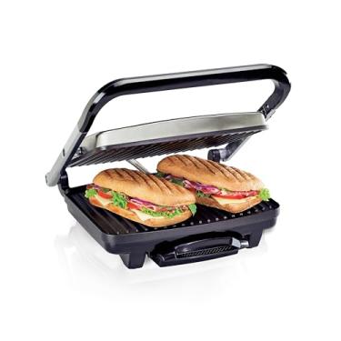 Imagem de Hamilton Beach Panini Press, Sandwich Maker & Electric Indoor Grill, Armazenamento vertical, Grades Antiaderentes de fácil limpeza, Aço Inoxidável (25410)