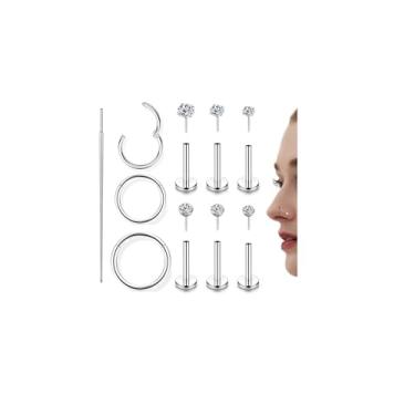 Imagem de Incaton Brincos de nariz sem rosca de 18G, aço cirúrgico 316L, hipoalergênicos, para cartilagem narina, tragus, hélice, labret, anéis labiais, piercing de zircônia cúbica para mulheres e homens, Aço