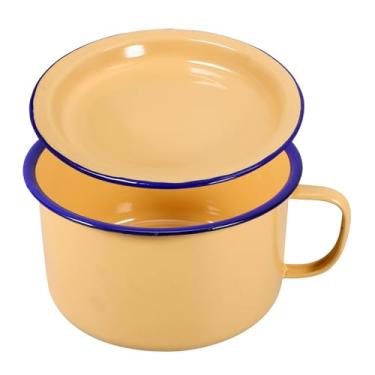 Imagem de Garneck Tigela de macarrão instantâneo esmaltada, tigela esmaltada vintage lancheira com alça tigela de salada esmaltada tigela de sopa panela de molho bacia de espaguete esmaltada amarelo, 18,00 x