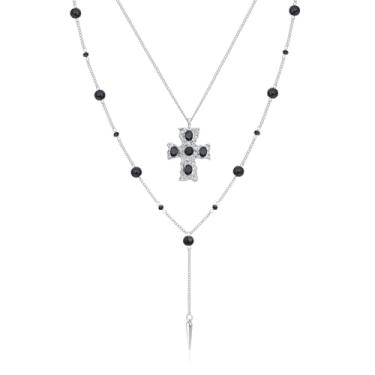 Imagem de YREQUE Colar gótico feminino punk longo prata aço inoxidável pingente cruz cristal contas preto colar gótico camadas colar feminino bijuteria fantasia