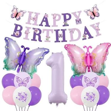 Imagem de Decorações de aniversário de borboleta roxa para meninas, faixa de feliz aniversário, 102 cm, número 1, balões de borboleta, suprimentos de decoração de festa. (roxo 1)