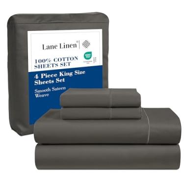 Imagem de LANE LINEN Conjunto de lençóis King Size 100% algodão – 600 fios, lençóis de cama de algodão mercerizado ultramacio, lençóis King de cetim luxuoso com bolsos profundos de 38 cm totalmente elásticos