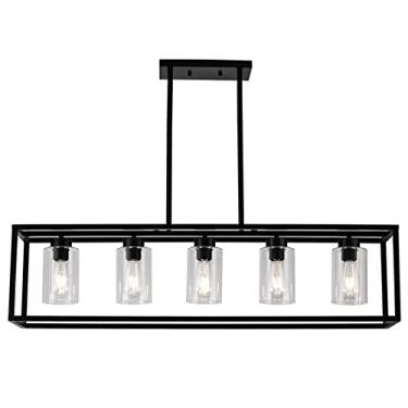 Imagem de Lustre moderno industrial retangular pendente luz moderna fazenda metal lustres ilha de cozinha com sombra de vidro transparente 5 luz sala de jantar restaurante bar hotel luminárias suspens