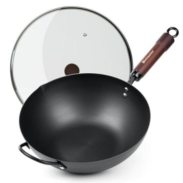Imagem de BIELMEIER Wok de aço carbono, frigideira de 31 cm com tampa, wok de fundo plano antiaderente natural para todos os cooktops, pré-temperada para cozinha asiática, refogada, grelhada