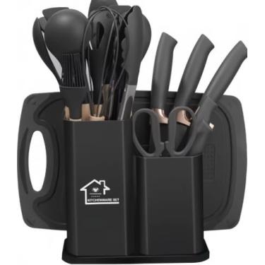 Imagem de Kit 19 Peças Utensilios Cozinha Silicone Com Facas Antiaderente Cabo De Madeira Tratada Kit Com Colher Concha Espatula Pegador Tesoura Tabua