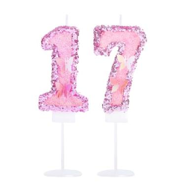 Imagem de Kinsynko Número 17 vela de lantejoulas rosa vela de aniversário de 17 anos para princesas meninas 17º aniversário tema borboleta decorações de festa topo de bolo