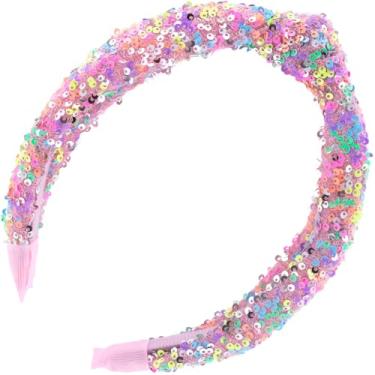 Imagem de Winsyison Faixa de cabelo com nó de lantejoulas arco-íris, pequenas peças de cabelo brilhante para mulheres, acessórios de cabelo com nó fofo brilhante para penteados longos curtos e cacheados