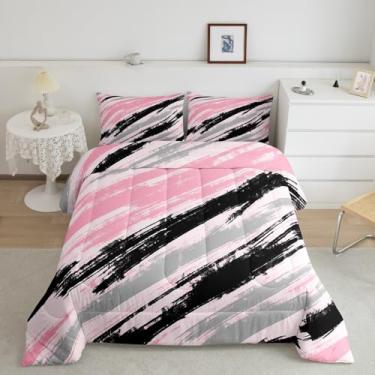 Imagem de jejeloiu Conjunto de cama para meninas, listrado, rosa, tamanho casal, geométrico, abstrato, para mulheres, adolescentes, arte moderna, edredom respirável, macio, leve, de microfibra, geometria