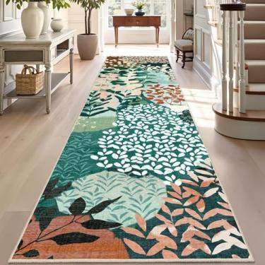 Imagem de DEXDE Tapete de corredor 5 x 20 cm, lavável para corredor, boêmio, macio, abstrato, folhas antiderrapantes, floral, vintage, tapete para entrada, cozinha, lavanderia, banheiro, quarto, verde-escuro