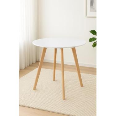 Imagem de Leda Mesa Redonda, Tampo MDF Branco, 90cm, Base em Madeira Natural, para Cozinha, Restaurante e Salão de Festa