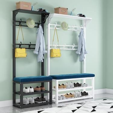 Imagem de Cabide de entrada, banco de sapatos, sapato, sapato, sapato, 4 em 1, cabide de entrada com ganchos e haste suspensa com banco e armazenamento de sapatos, para roupas, chapéu, bolsa guarda-chuva, 80 cm