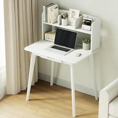 Imagem de IOTXY Escrivaninha com estante de mesa - mesa de estudo pequena para computador de trabalho de 80 cm com gaveta para casa e escritório, branca