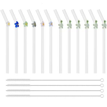 Imagem de 12 canudos reutilizáveis de vidro transparente com 4 peças de escova de limpeza, resistente ao calor, lindos canudos dobrados de flores para smoothies, chás, sucos, milkshakes, coquetéis (12 peças