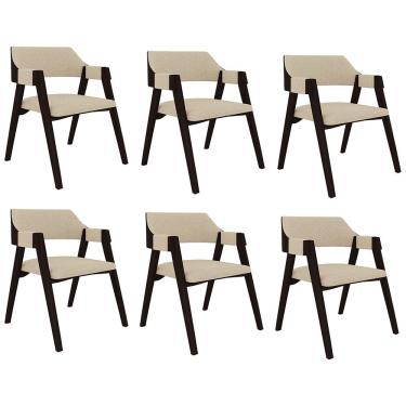 Imagem de Kit 6 Cadeiras Sala de Jantar e Jogos Carteados Madeira Maciça Poker Linho OffWhite/Tabaco G42 - Gran Belo