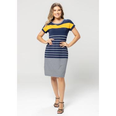 Imagem de Vestido Pau a Pique Listrado Azul Marinho e Mostarda