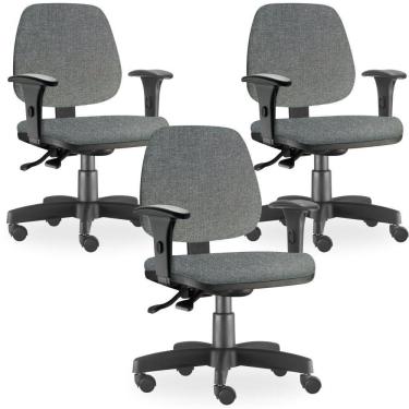 Imagem de Kit 03 Cadeiras de Escritório Giratória Executiva Ergonômica Job L02 Linho Cinza Escuro - Lyam Decor