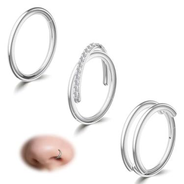 Imagem de davka Conjunto de 3 argolas de nariz prateadas 18G - simples, zircônia cúbica dupla em forma de X e simples - aço hipoalergênico 316L para mulheres e homens, clique articulado para narina/septo/hélice