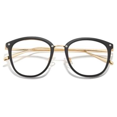 Imagem de Cyxus Óculos de luz azul para mulheres, óculos com bloqueio de luz azul para mulheres, óculos redondos para computador antitensão ocular, 6- Preto fosco 8169, M