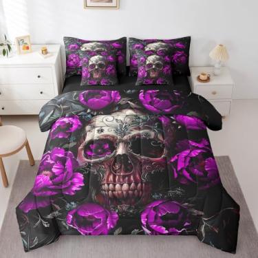 Imagem de Erosebridal Conjunto de cama king size com caveira de açúcar e caveira gótica, pintura a óleo, floral, conjunto de edredom, lençol de cima, fronhas e fronhas para todas as estações