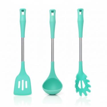 Imagem de Kit de Utensílios de Cozinha em Silicone Verde Água, Cabo de Metal, 3 Peças, Colher, Concha e Espátula, Resistente ao Calor