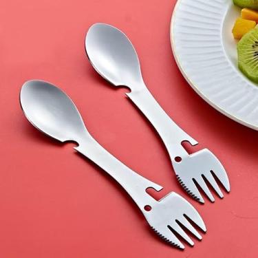 Imagem de 2 peças multifuncionais 5 em 1 colher de garfo de acampamento de aço inoxidável, faca para uso ao ar livre, abridor de garrafas, utensílios de viagem, ao ar livre, mochilão, conjunto de jantar