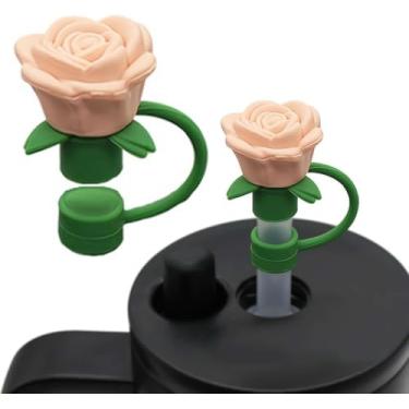 Imagem de Capas de palha de flor rosa de 10 mm para copo Stanley, topo de palha de flor, capa de canudo de silicone protetor de tampões à prova de poeira, pontas de canudo de flor, tampa de poeira para