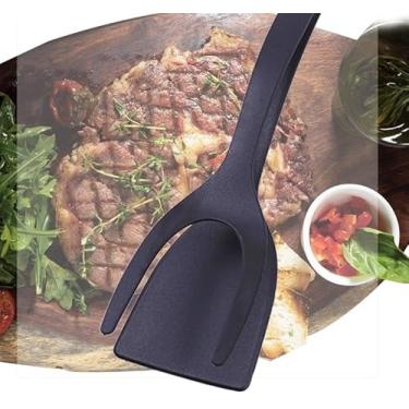 Imagem de Ferramenta de cozinha multifuncional 2 em 1 – Espátula de ovo e bife com pinça de churrasco, plástico durável, ideal para virar alimentos e assar, preto