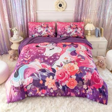 Imagem de Peopleareok Jogo de cama de unicórnio – Cama em uma bolsa, conjunto de edredom colorido 3D Queen, linda microfibra macia, estampa de flores roxas, decoração de quarto para todas as estações
