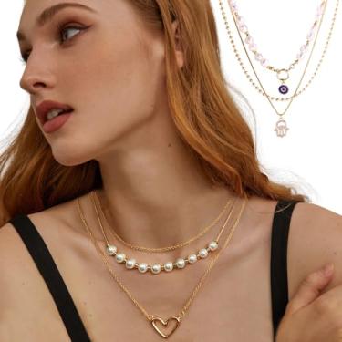 Imagem de Conjunto de colar com pingente multicamadas em camadas para mulheres, coração delicado empilhável e pérola, presente para formatura, amizade ou ocasiões especiais, Normal, Liga de aço, Sem Pedra