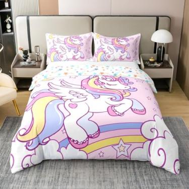 Imagem de Capa de edredom 100% algodão natural para meninas, unicórnio, rosa, tamanho solteiro para crianças, adolescentes, jovens, desenho de cavalo, estrelas, lua (não edredom), estampa rosa arco-íris